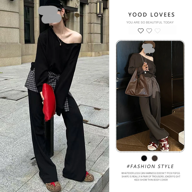 休闲设计感斜肩露肩长袖卫衣上衣2025春秋新款格子喇叭裤两件套女