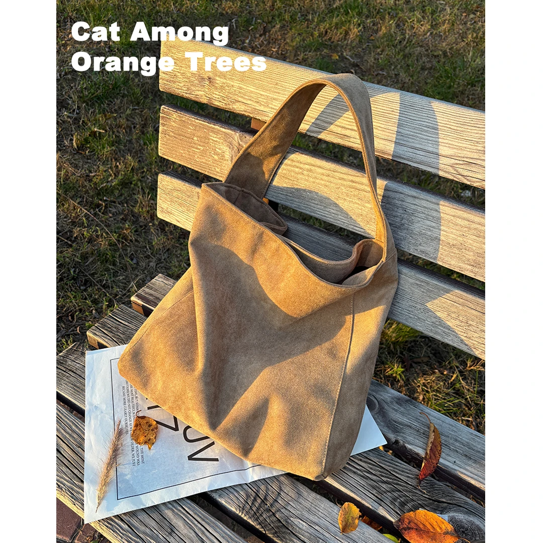 《麂皮绒托特包》松弛感复古休闲单肩托特包包大容量复古小众豹纹包