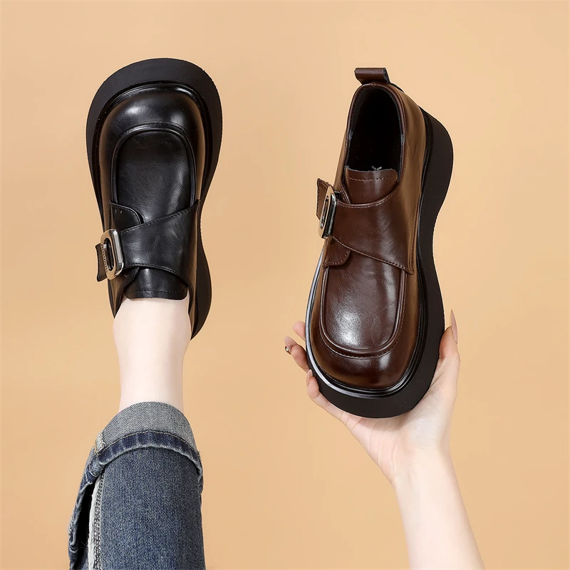 英伦风小皮鞋2025春季新款魔术贴厚底增高显瘦显脚小通勤乐福鞋女