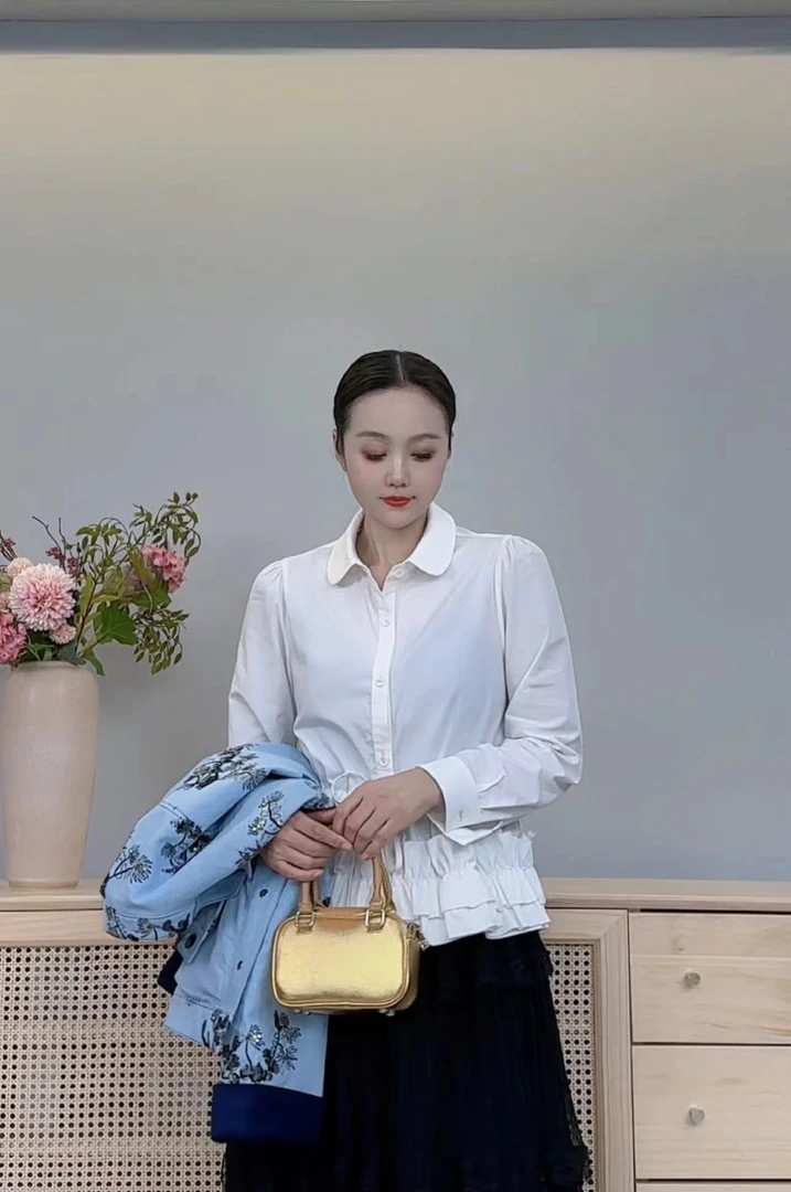 【简系小衫】韩系翻领小衫白色衬衫女早春新款宽松长袖上衣25-056