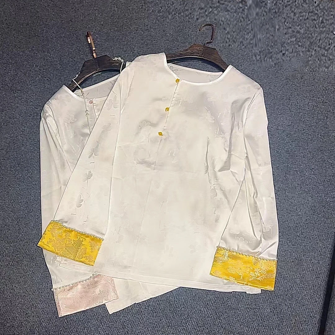 YY春季新款国风打底衫胖妹妹宽松新中式提花缎面上衣77208