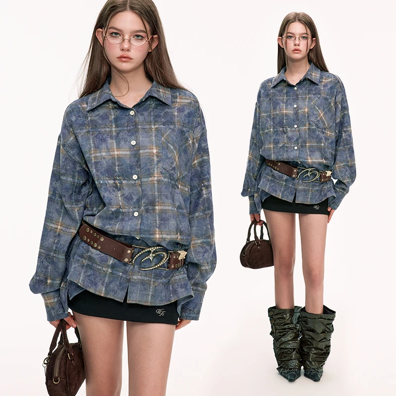 【12.23新品】wooha 吾哈2025春季新款酵洗格纹宽松衬衫