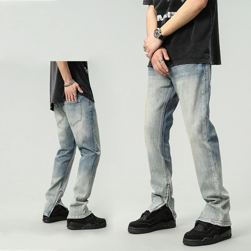 牛仔裤男款拉链开叉潮牌设计感夏季宽松休闲裤子美式微喇直筒长裤