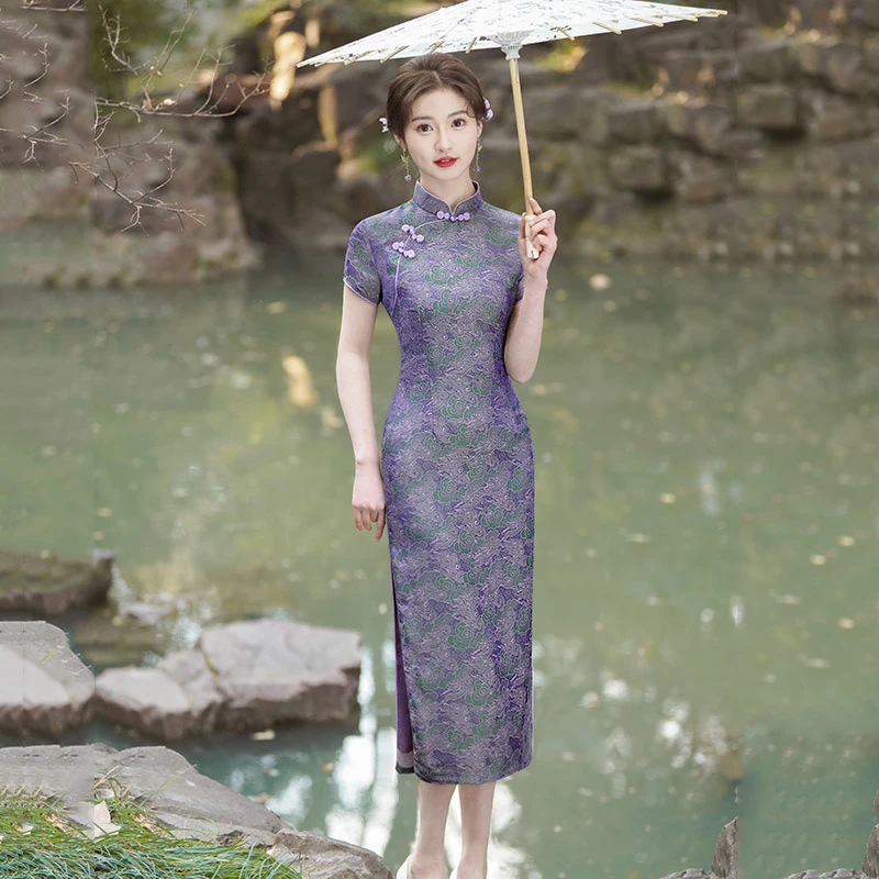 王小鸭中式妈妈装紫色长款旗袍2025年新款年轻款女复古修身改良
