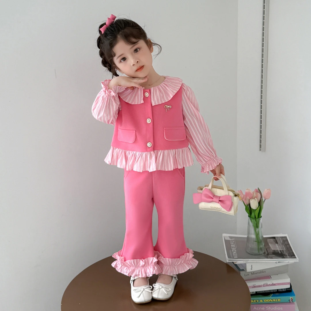 女童套装秋季2025新款儿童娃娃领拼接两件套女宝宝秋装时髦洋气潮