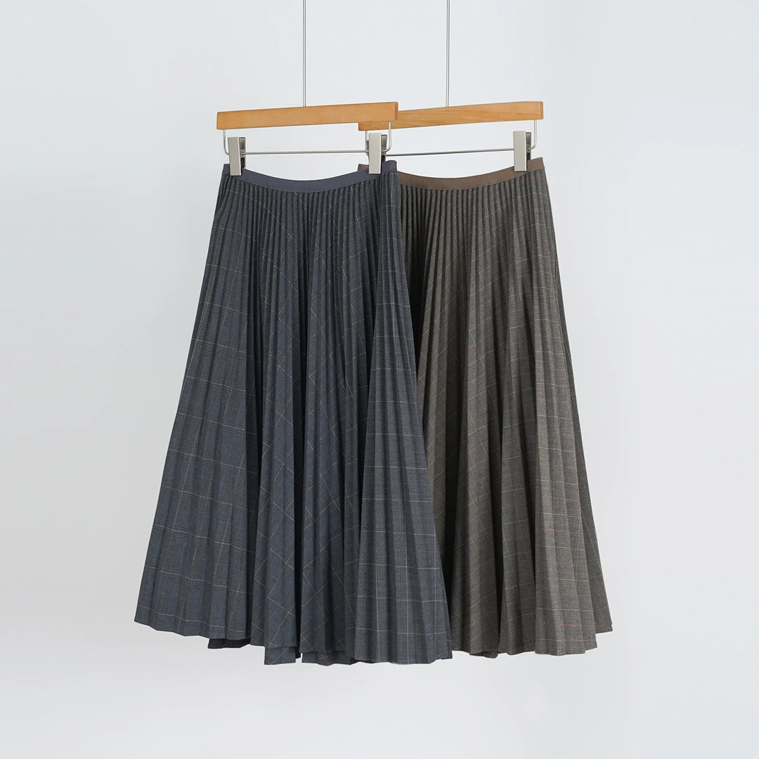 老钱学院风松紧腰格纹百褶裙优雅风琴褶女士半身裙（251927）