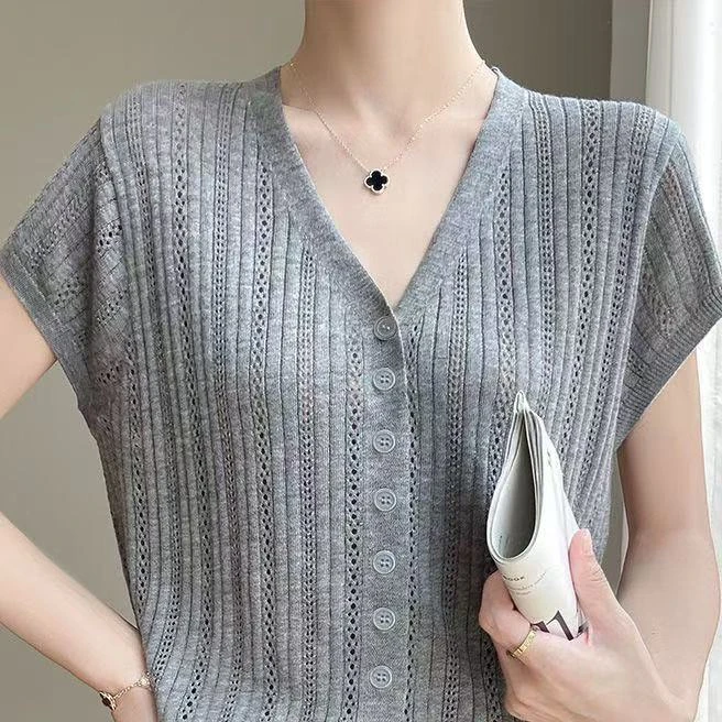 424【灰镂空V领短袖开衫】高级气质针织女衫上衣百搭打底衫针织衫