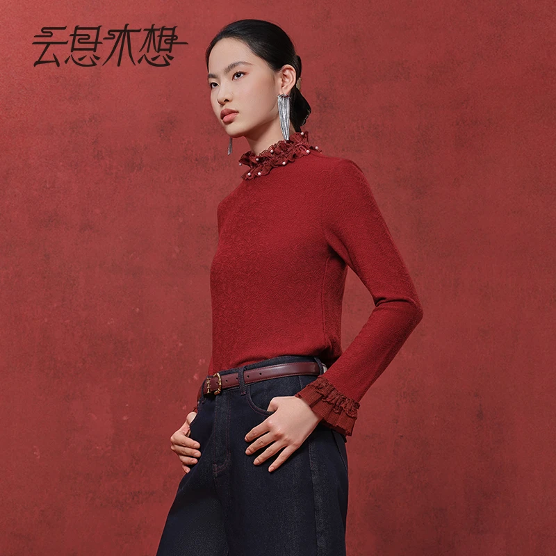 Ysimo-X云思木想 春池明珠 新款长袖花边领提花针织T恤14306