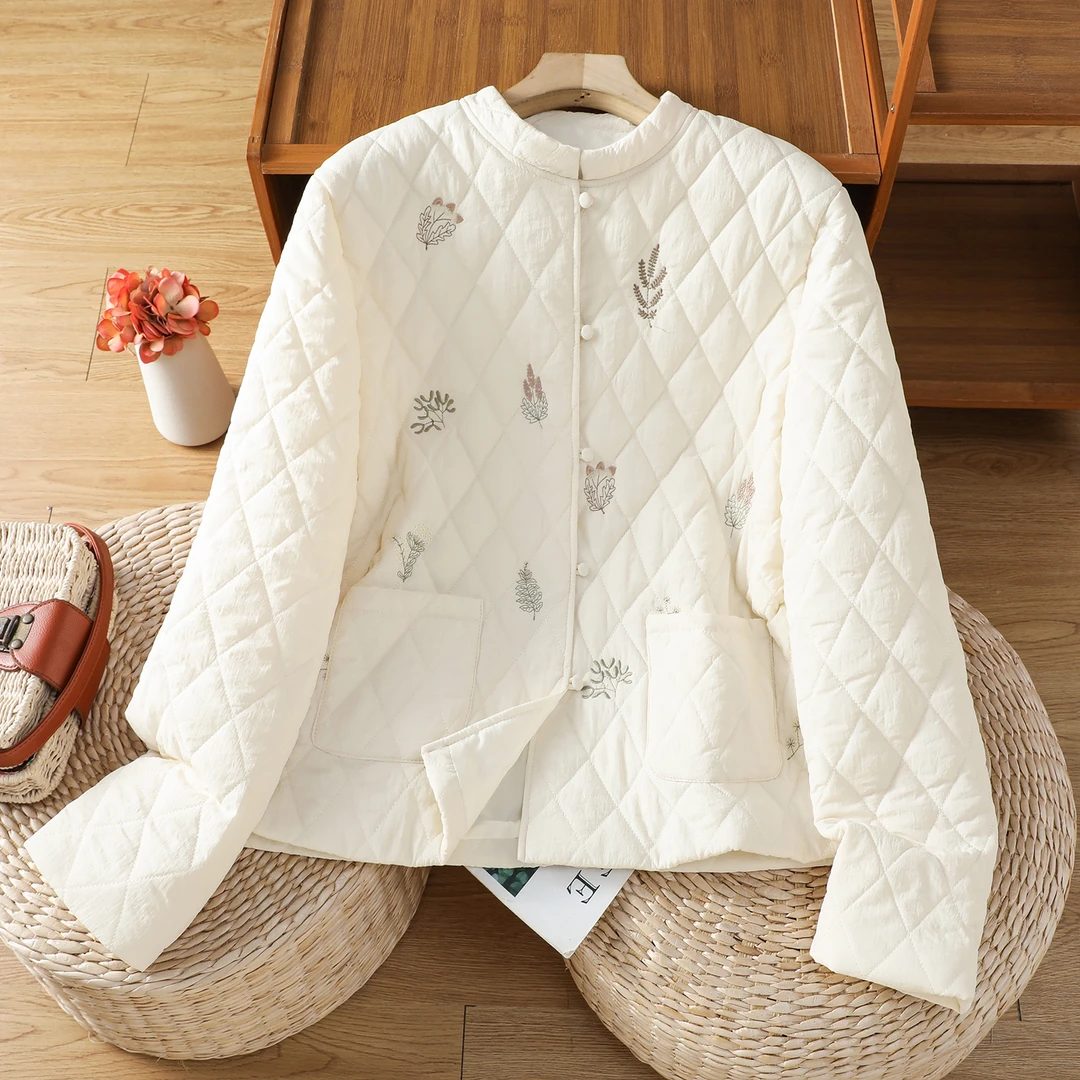时尚高级感长袖杏色刺绣棉服女式2025秋冬季新款文艺气质外套上衣