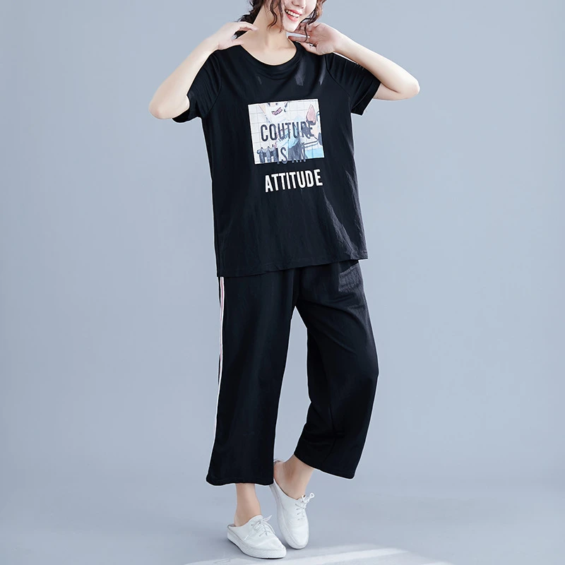 ZZ05239厂家特价批发特大码加肥女装代发印花棉麻上衣九分裤套装