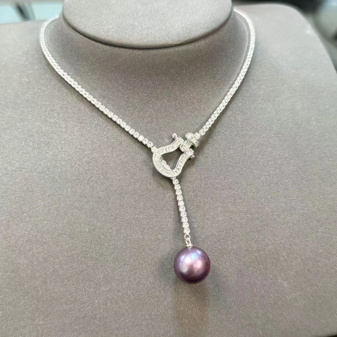 大点位妖精紫紫珠吊坠套链S925银1213mm正圆强光满钻坠链带证书