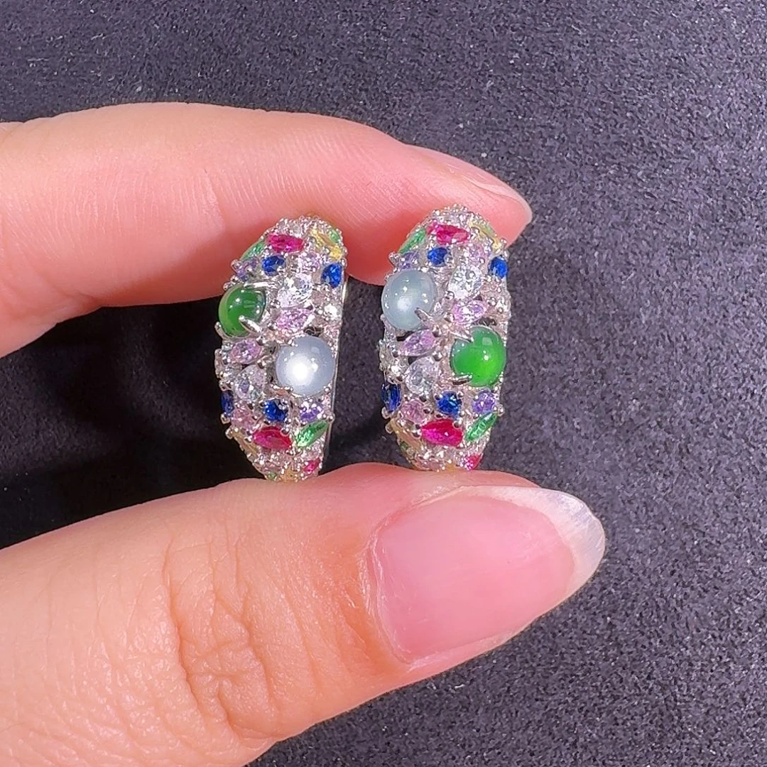 翡翠银S925镶嵌耳饰蛋面