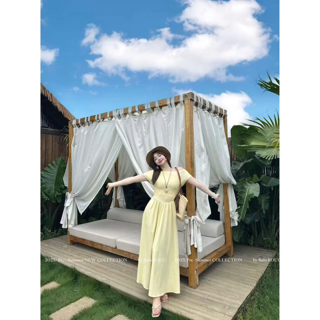 【夏栀莫桑】温与柔一字肩镂空钩花长款显瘦修身连衣裙