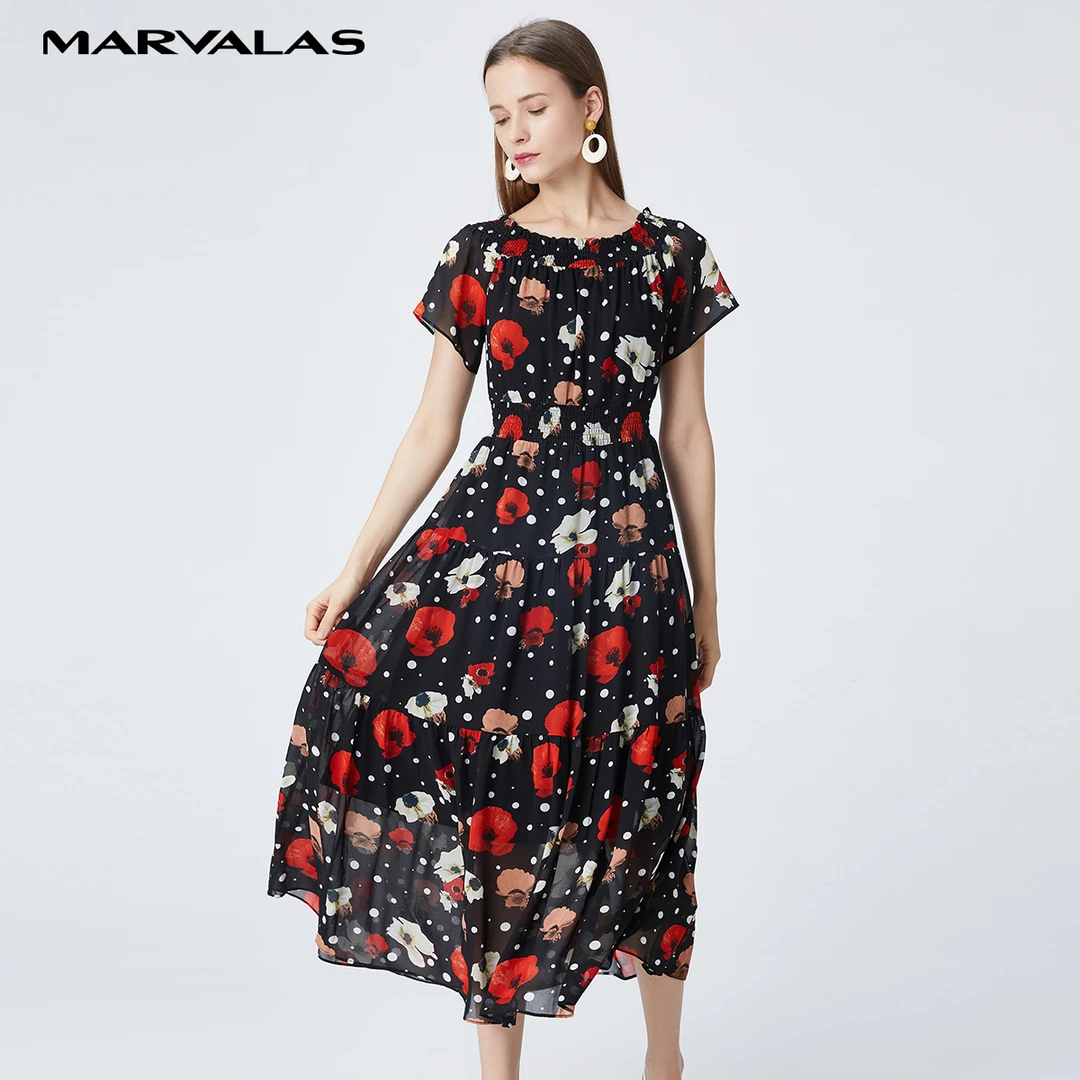 【粉丝专属】曼德诗雪纺连衣裙女花色短袖长裙中长款气质温柔裙子