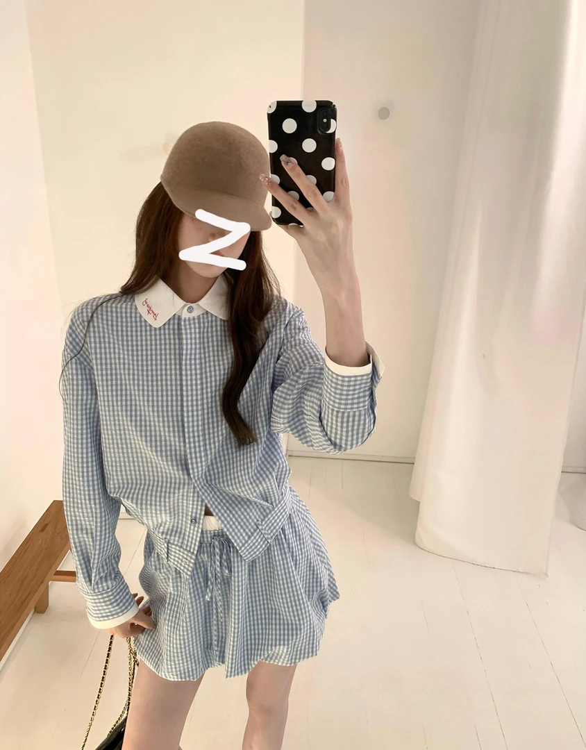 蓝色格子翻领衬衫上衣女撞色系带花苞短裙设计感两件套套装