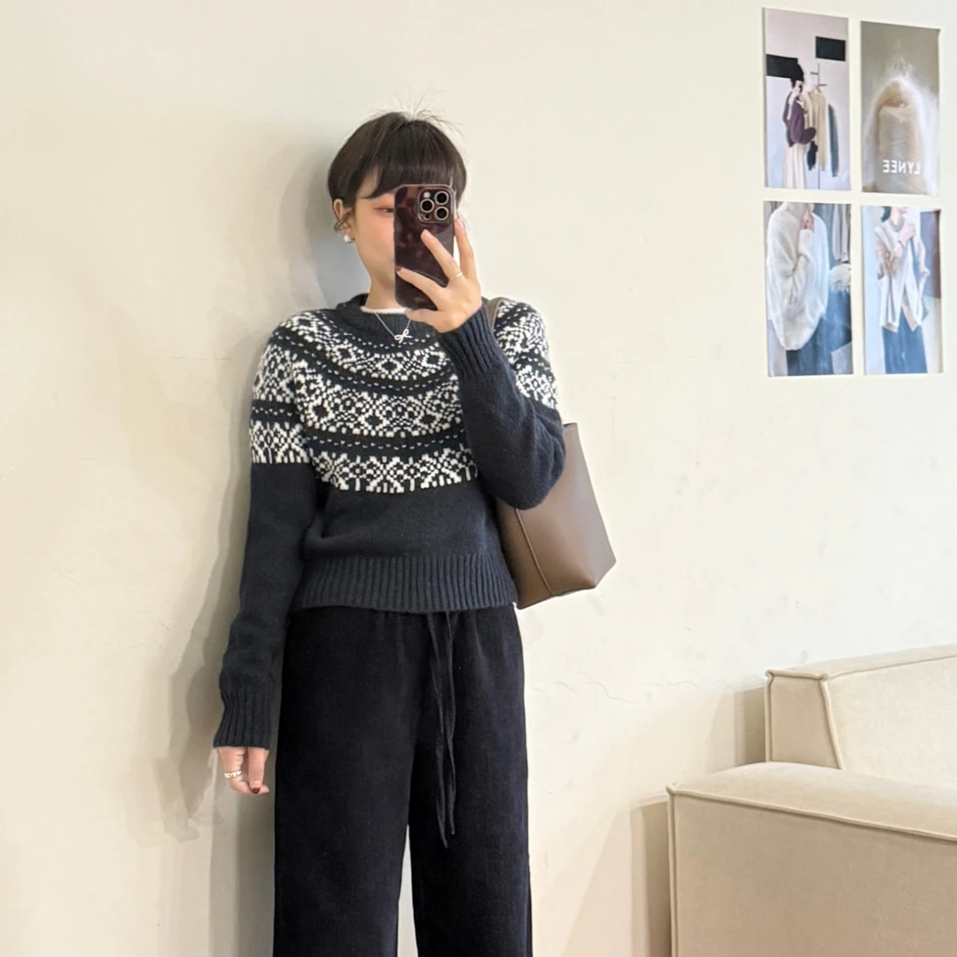 大妍小个子【雾屿暖织】冬季费尔岛简约百搭套头长袖毛衣8960