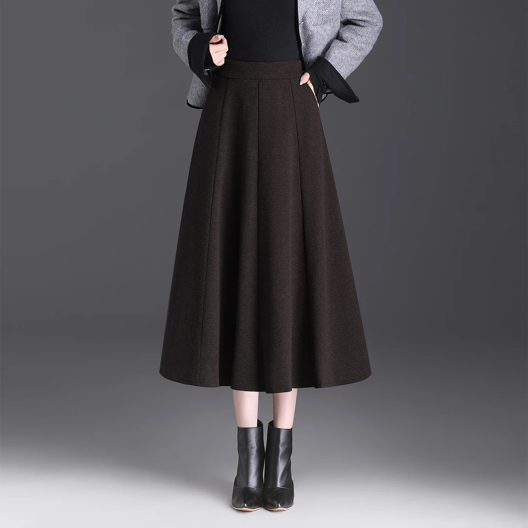 毛呢半身裙高腰显瘦A字百褶裙2025新款秋冬季中长裙大码遮肉半裙