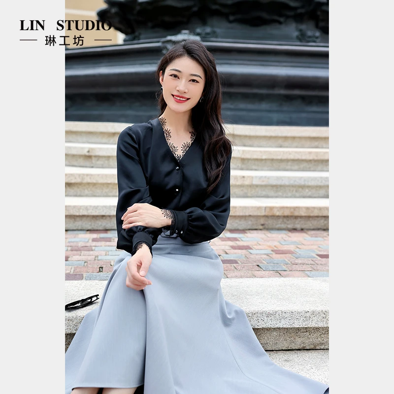 【醋酸】琳工坊“蝶飞”黑色衬衫蕾丝边气质优雅时尚通勤百搭唐琳设计