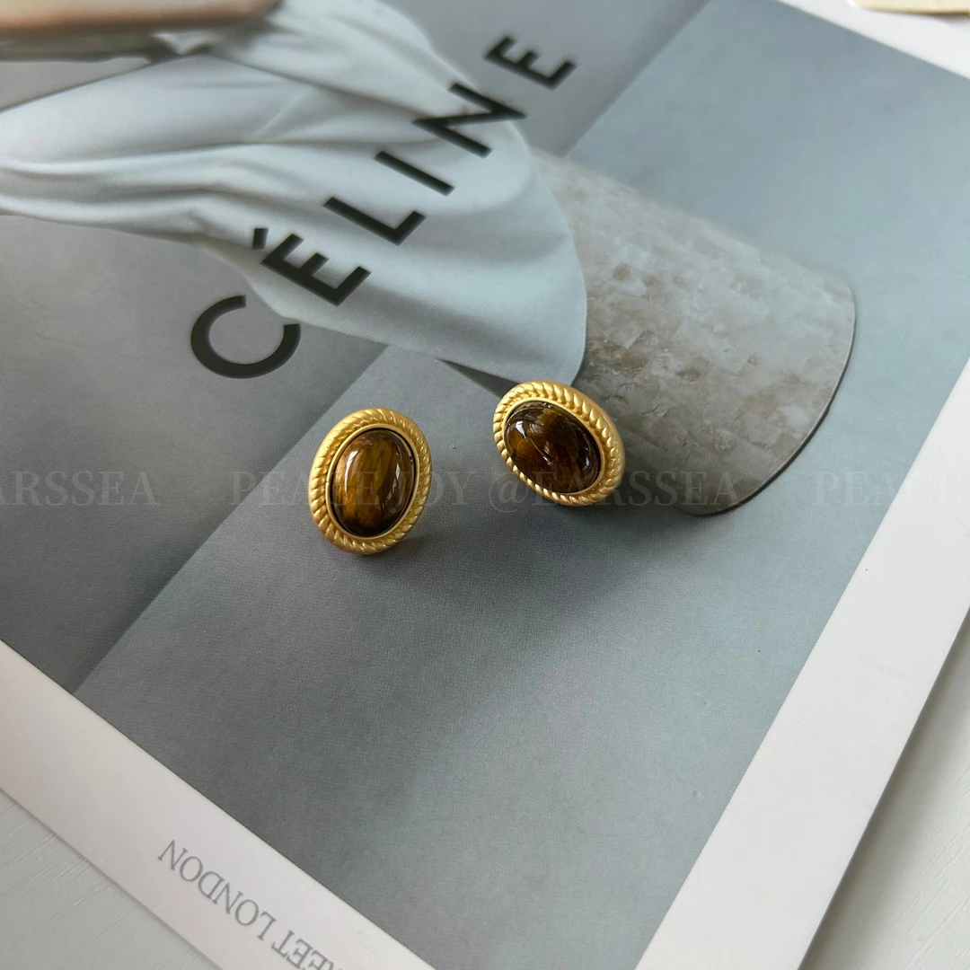 铜合金耳饰 复古法式椭圆猫眼耳钉 简约轻奢高级感气质百搭耳饰