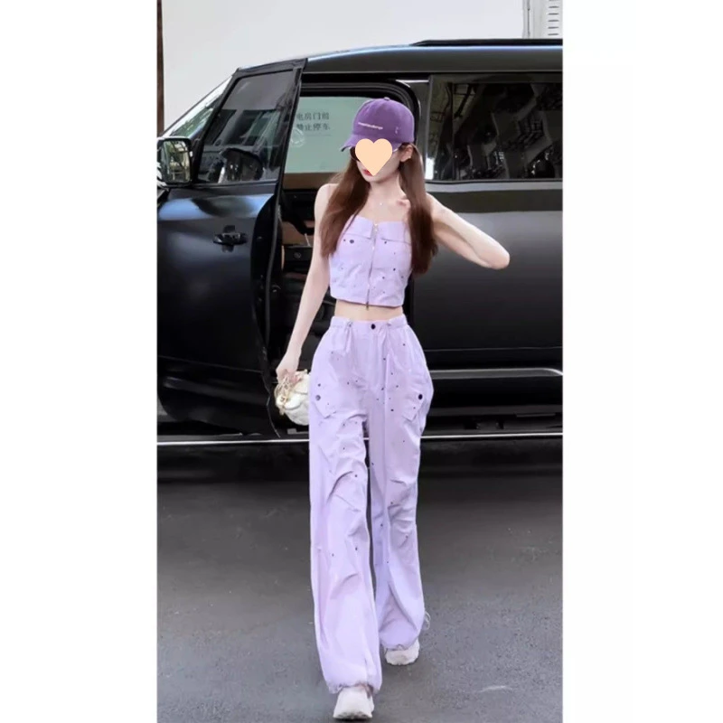 韩版时尚辣妹夏季性感时髦抹胸上衣工装裤两件套今年流行套装女