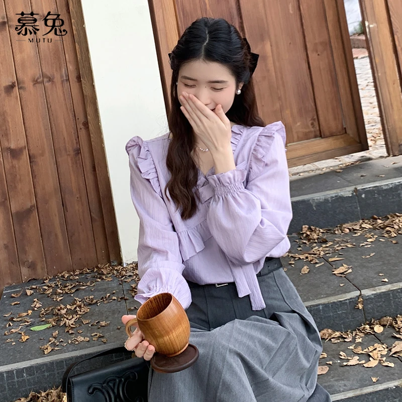 【正】14171法式气质紫色V领长袖衬衫女春设计感荷叶边上衣