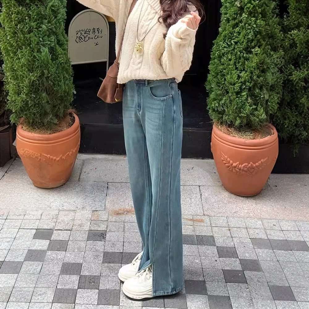 开叉牛仔裤女高腰2025春秋新款大码胖mm梨形身材显瘦直筒阔腿长裤