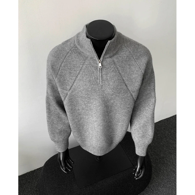 美式复古半拉链提花线衫毛衣男女秋冬新款立领休闲重磅针织毛衣