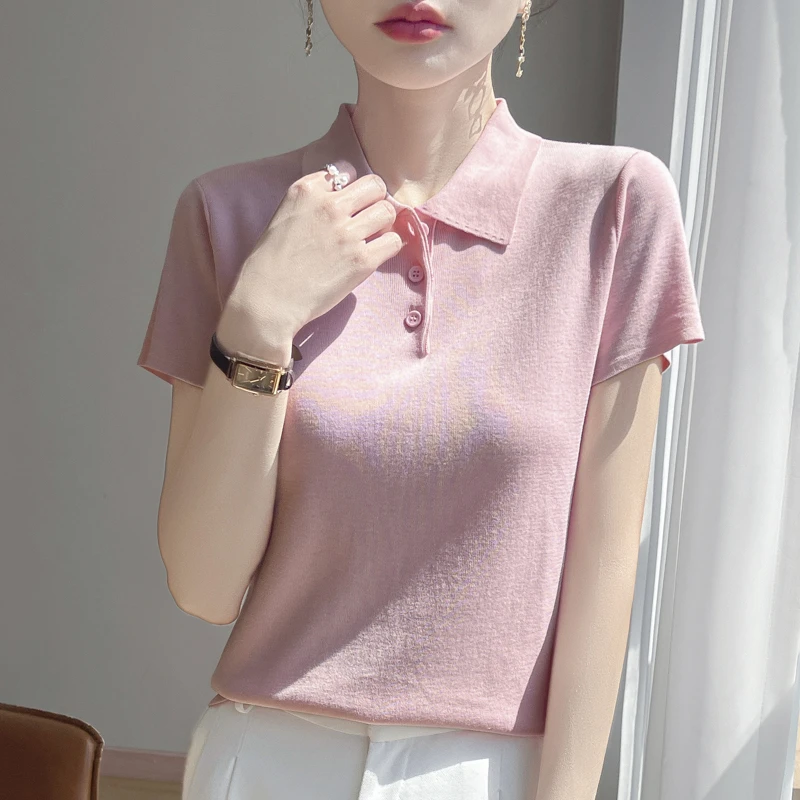高端轻奢风感针织T恤夏季桑蚕丝休闲POLO领短袖女 百搭设计感半袖