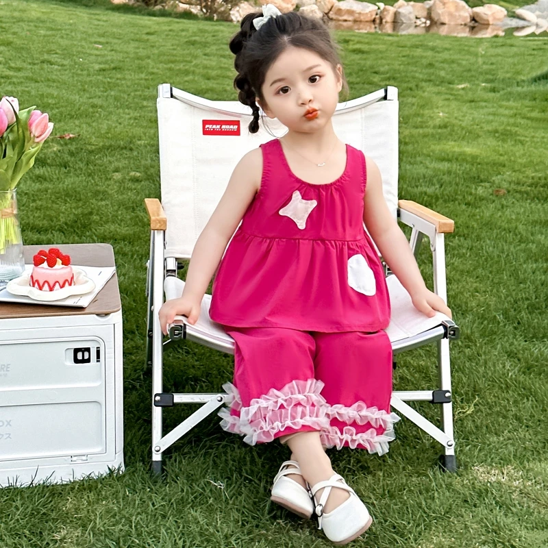 小女孩套装女童洋气薄款夏季花边阔腿裤无袖两件套女宝韩版儿童潮