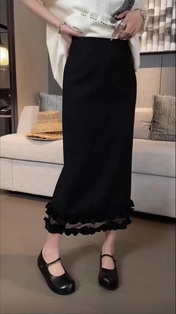 * 丽影 *春装新款* 雪纺木耳裙边半身裙 * 时尚高腰春夏直身裙