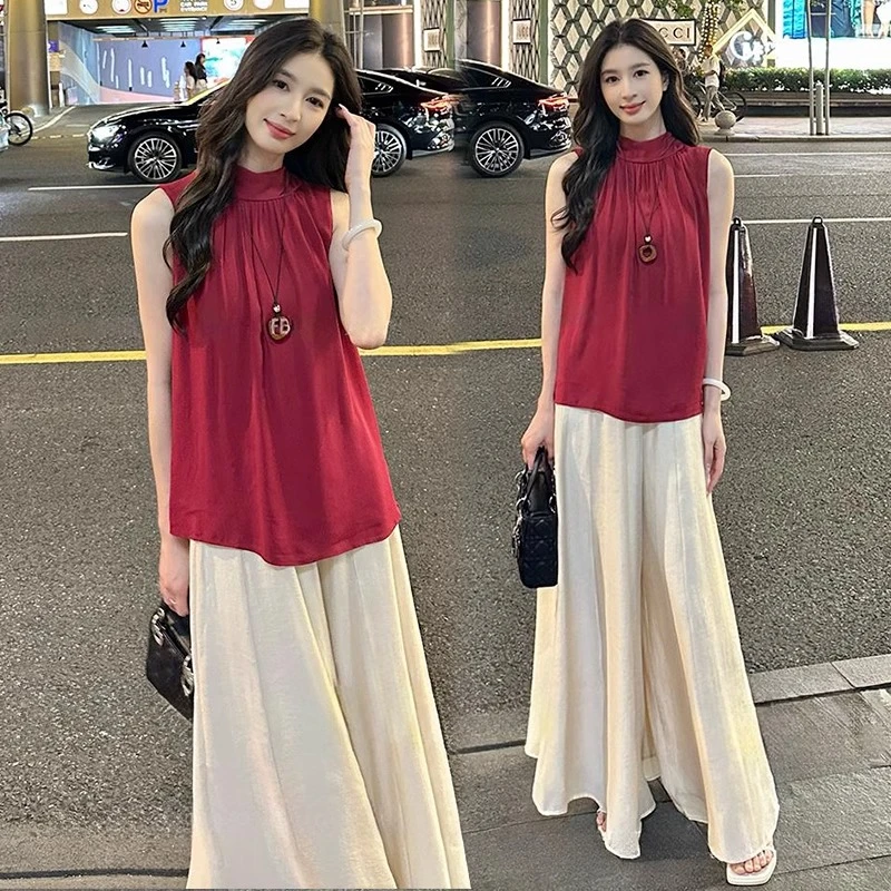 时尚休闲套装女2025夏季新款韩版气质减龄无袖上衣阔腿裤裙两件套