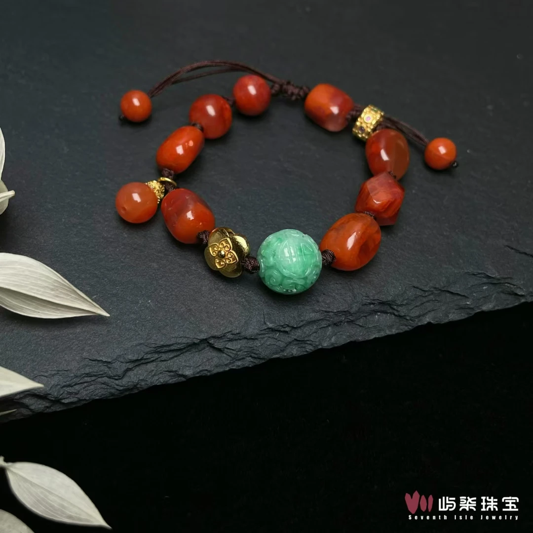 橘茗【要努力】B985 玛瑙银S925镶嵌 南红珠白底青单珠手绳