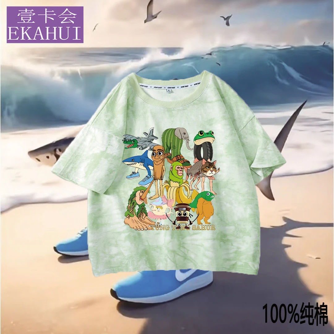 2025男女童卡通渲染新工艺山海经纯棉新款上衣短袖夏季男童休闲