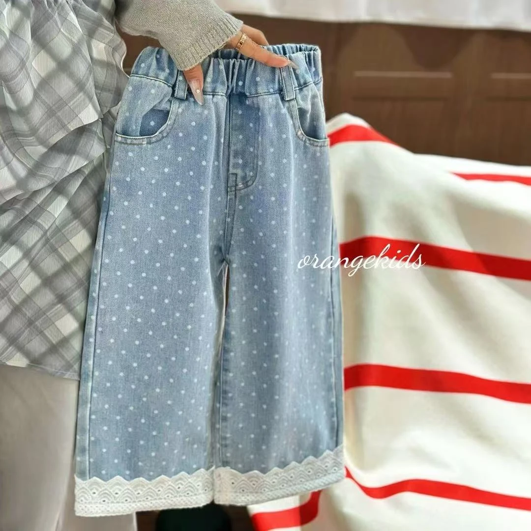 女童裤子春季新款儿童韩版休闲波点蕾丝花边阔腿裤宝宝休闲牛仔裤