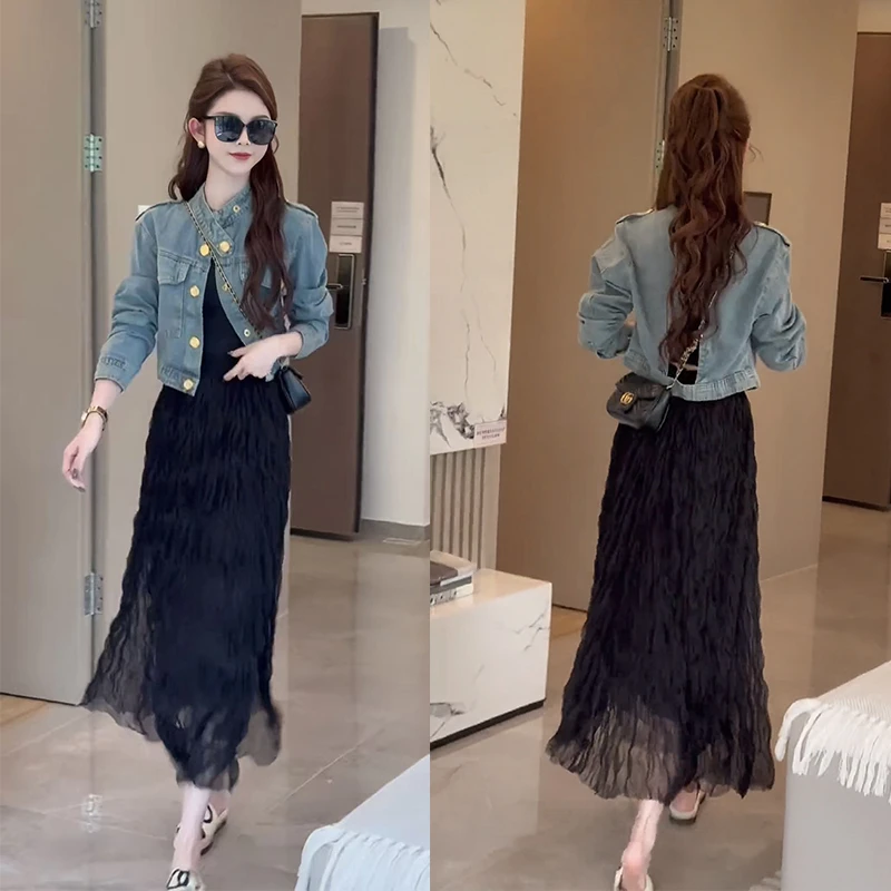 2025早秋新款穿搭一整套今年流行牛仔短外套搭网纱半身裙两件套装