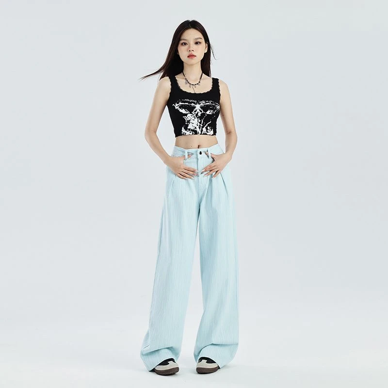 2025春季新款竖条纹高腰阔腿牛仔裤女质感皮牌时尚显瘦垂感拖地裤