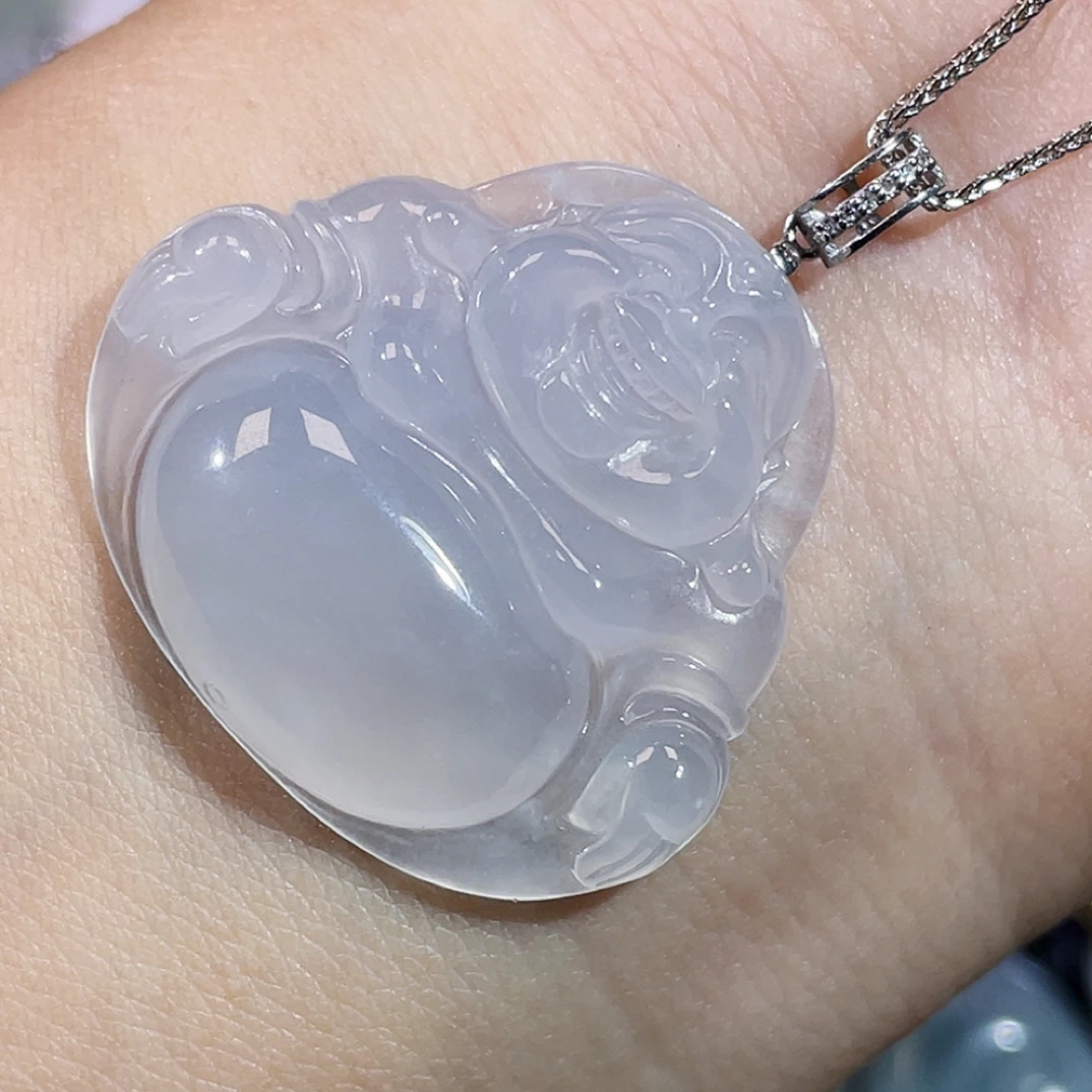 缅甸翡翠白冰一刀切佛公吊坠