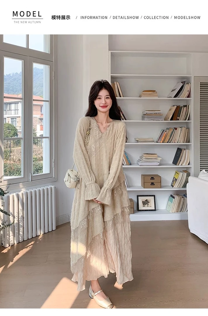 重工针织提花压褶连衣裙女秋冬长袖蕾丝长裙内搭设计感慵懒风宽松
