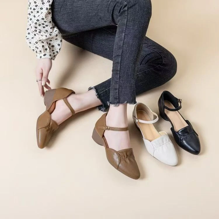 K2025夏季新款尖头浅口粗跟中跟中空软底软面包头单鞋一字带女鞋