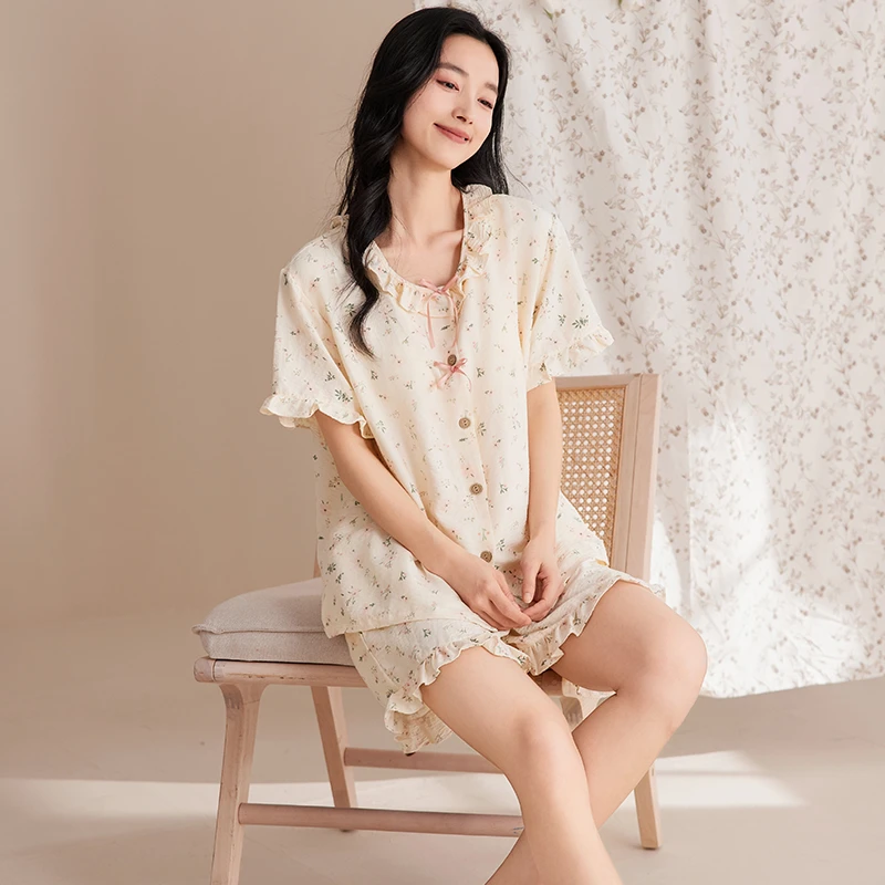 睡衣女开衫短袖短裤甜美小碎花居家服套装可外穿夏季薄款水光绸