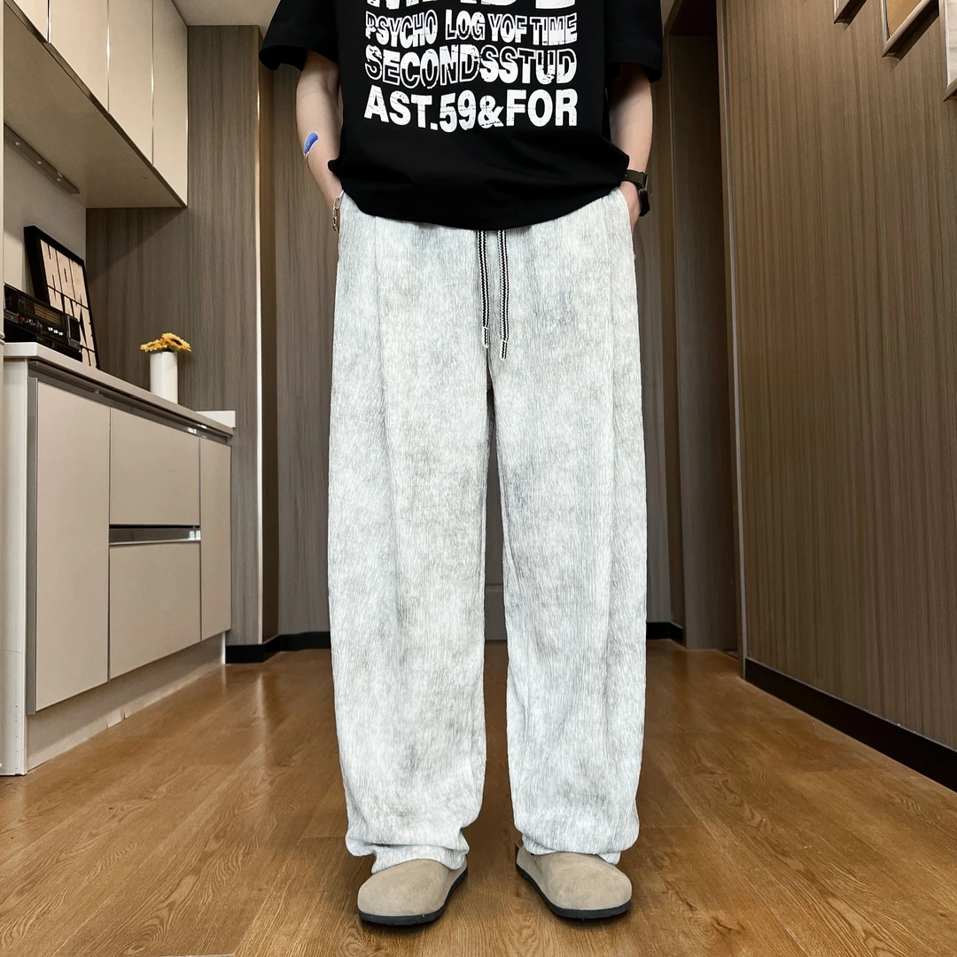 NINEDAO/玖岛春夏季休闲宽松直筒冰丝裤男潮流百搭ins风扎染裤子