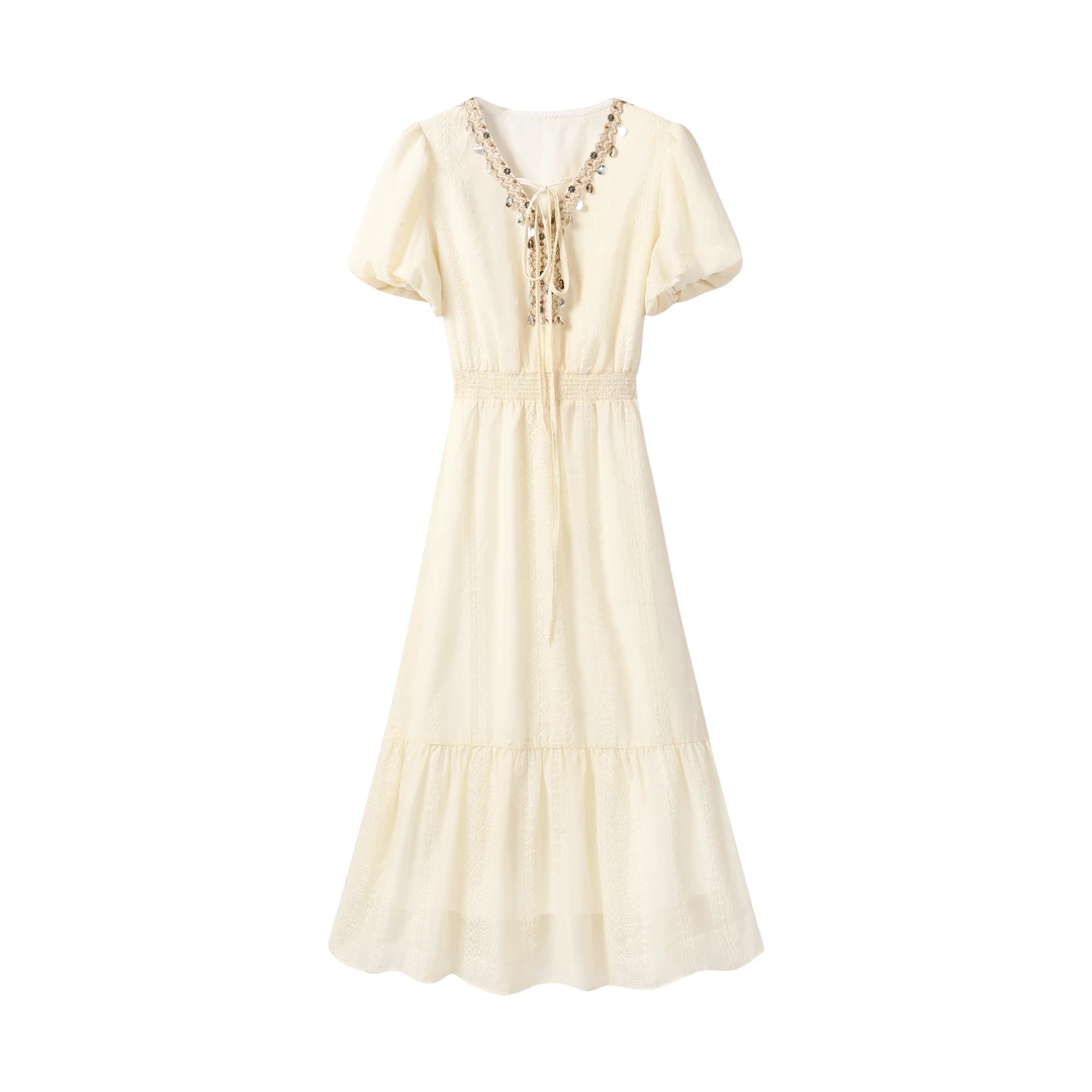 马克华菲女装显瘦气质时尚夏季棉麻收腰中长款连衣裙F52026A574