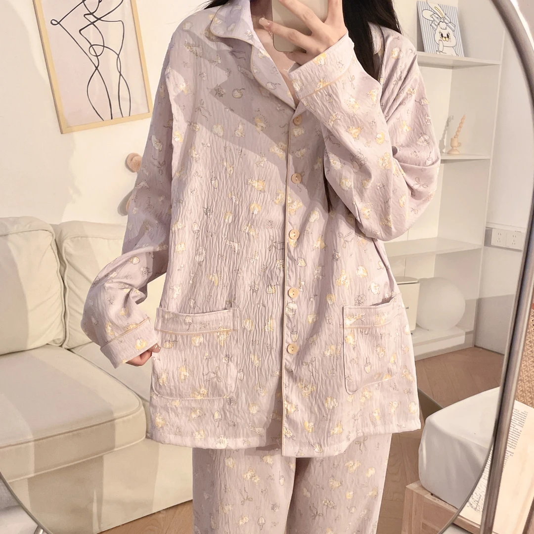 夏季皱皱棉纱带胸垫月子服孕妇产后透气哺乳长袖睡衣