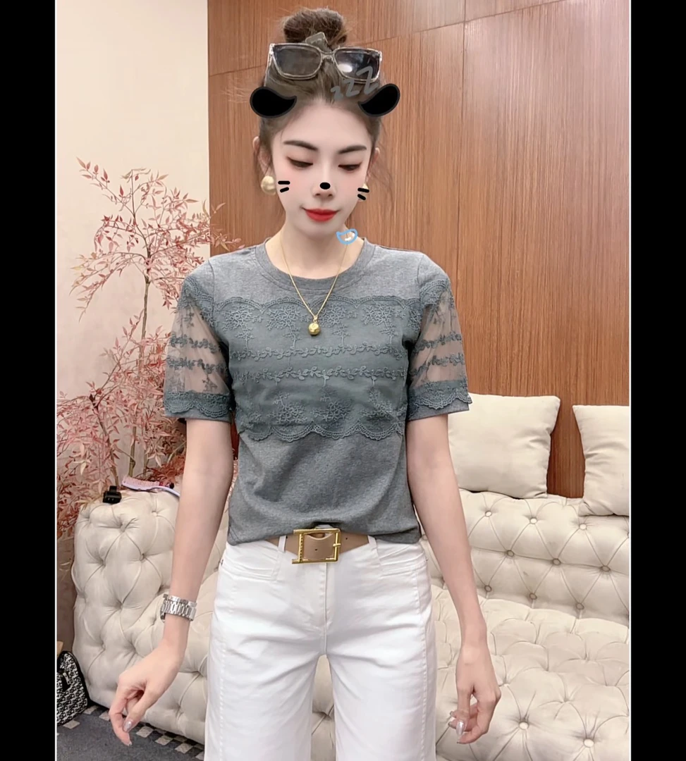 月月家，新款夏季时尚洋气新款圆领网纱蕾丝纯色百搭显瘦上衣8233