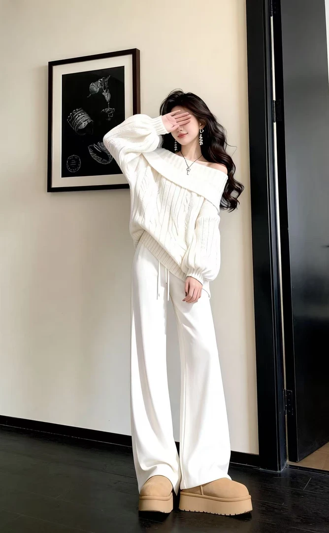 Z241法式高级感气质一字领白色毛衣女冬季款慵懒风毛衣裤子两件套