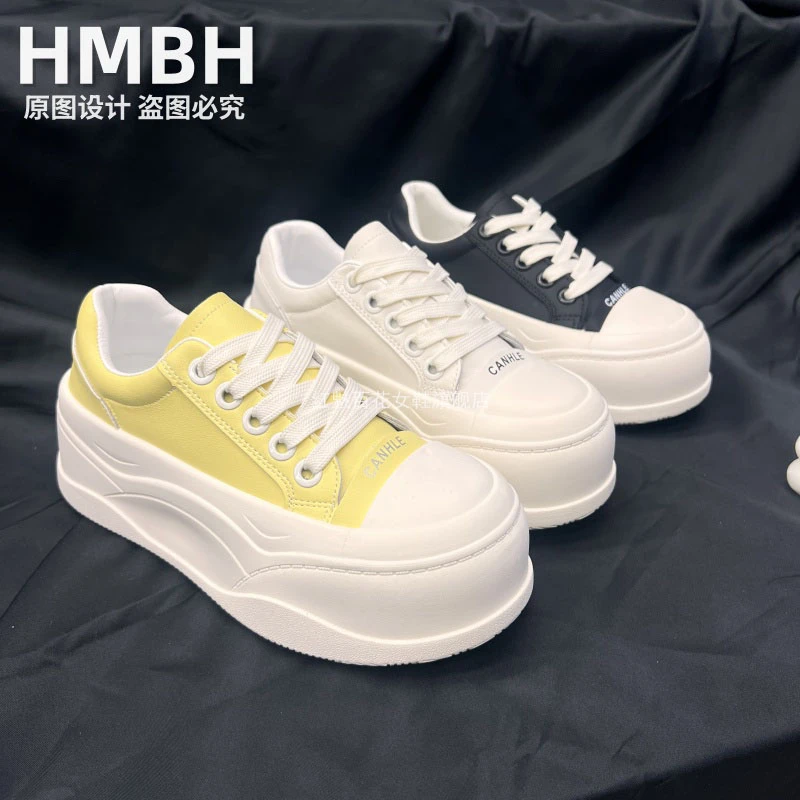 英伦风厚底休闲小白鞋女2025春秋圆头系带百搭小个子增高休闲鞋