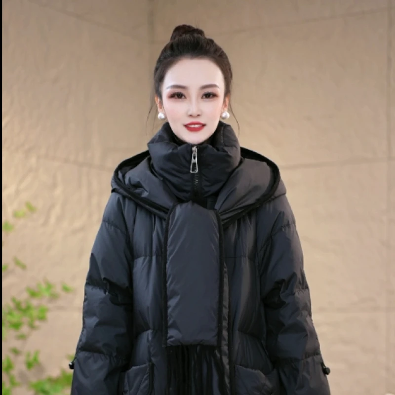 罗蒙年轻妈妈冬季新款高档设计感围巾连帽优雅百搭白鸭绒羽绒服