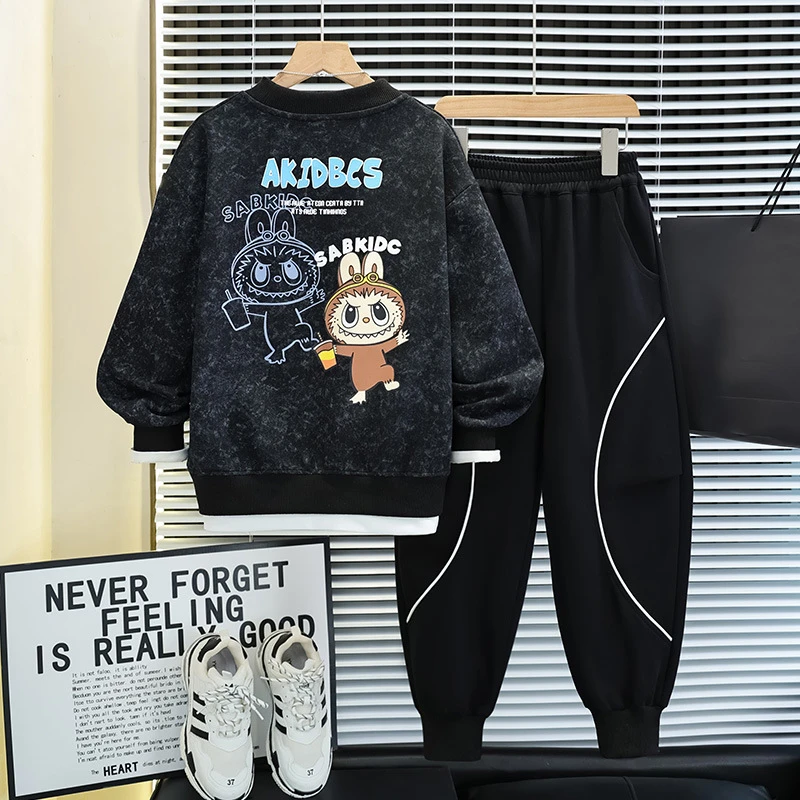 男童春秋款卡通假两件卫衣套装2025新款儿童秋装两件套中大童衣服