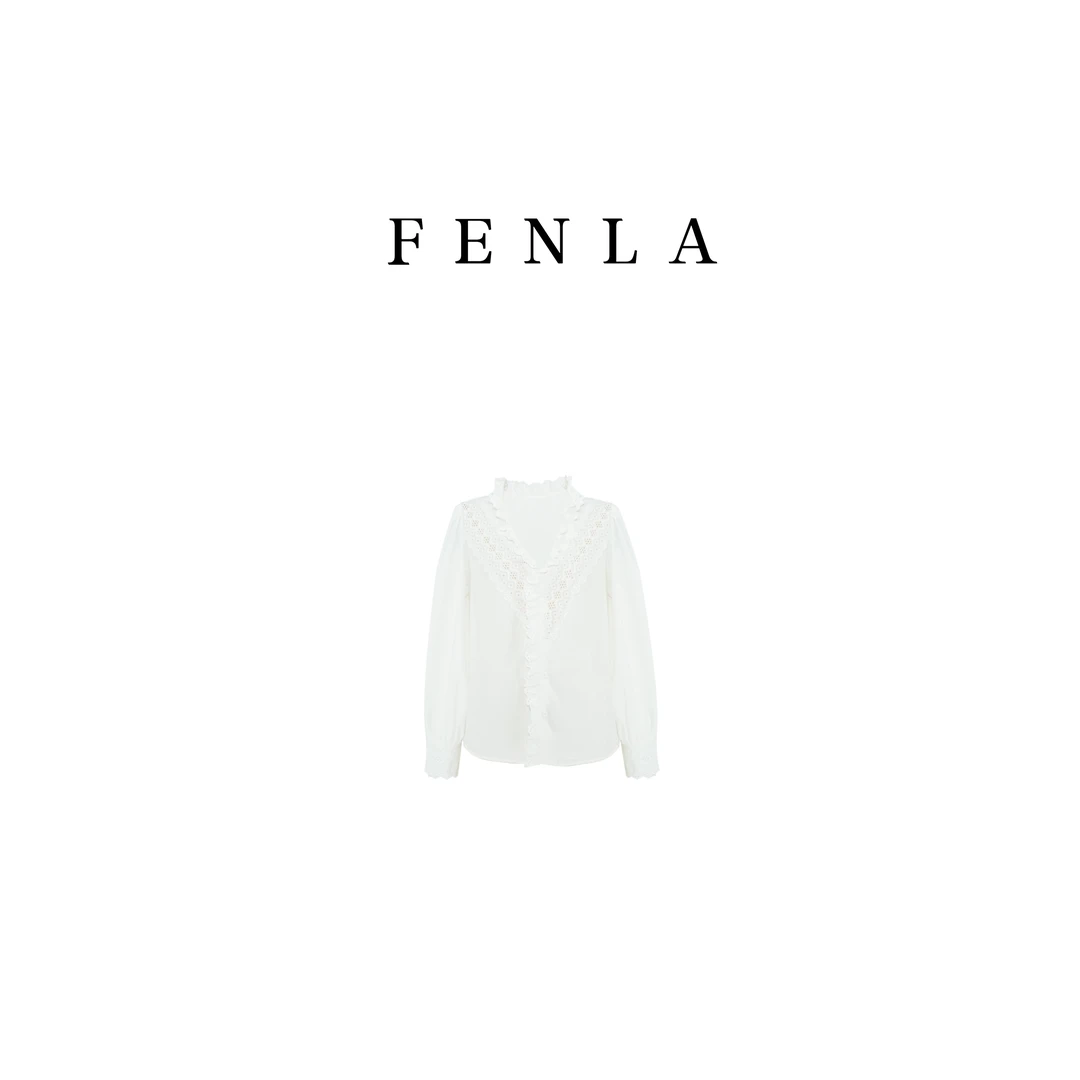 【惠姐私服】法式复古宫廷风蕾丝刺绣V领衬衫白色衬衣 83003