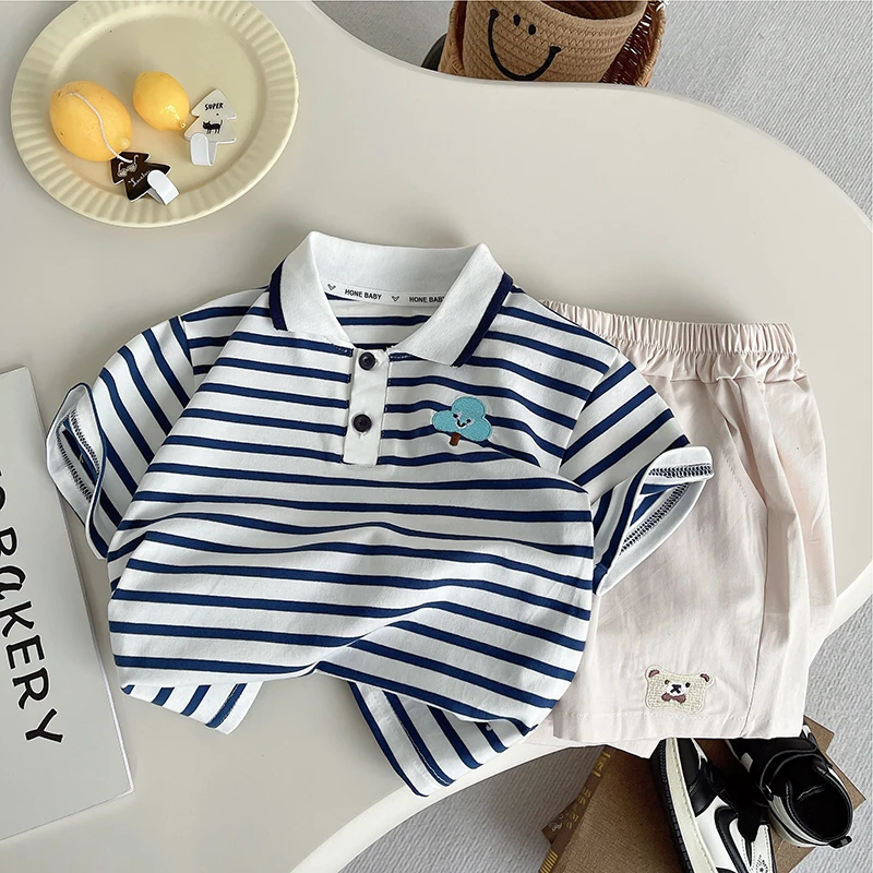 夏季翻领尖领短袖套装休闲T恤宝宝条纹夏装夏款大童上衣宽松帅气